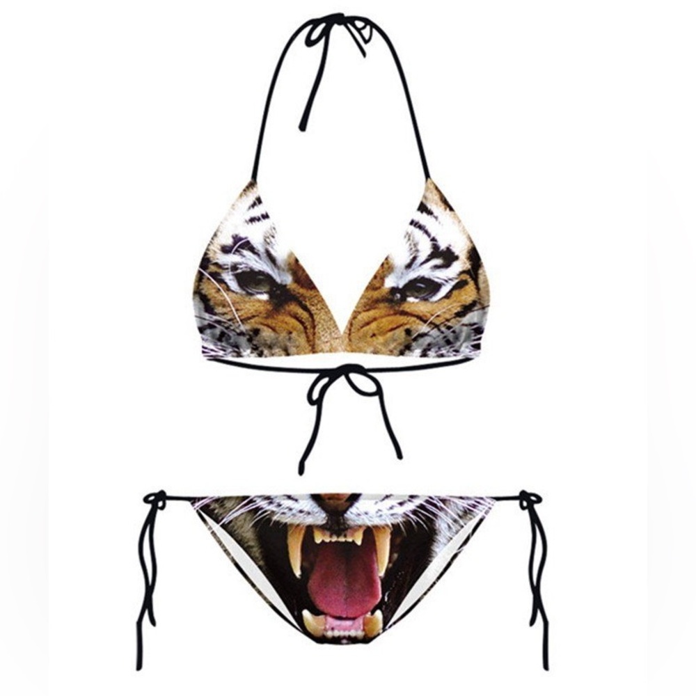 New Tiger Face Graphic 2 Piece String Tie Bikini Swimsuit Set, One Size - Picture 3 of 11